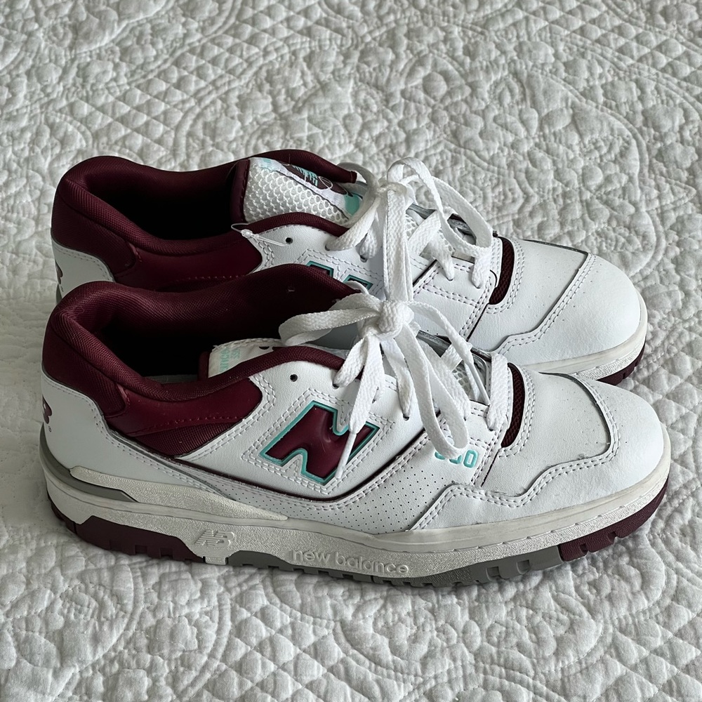 New Balance White and Burgundy Low-Top Sneakers with Teal Accents